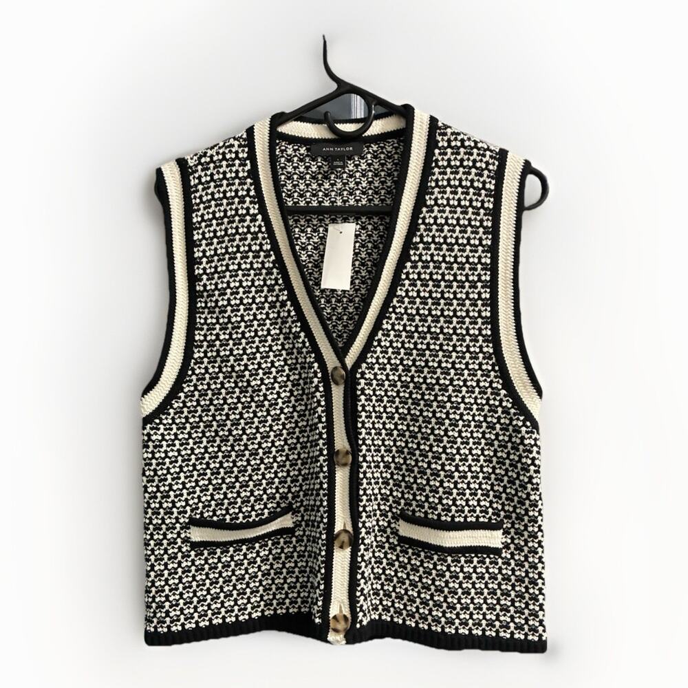 Women's Ann Taylor Geo Stitch Button Down Knit Sweater Vest Cotton Sz L NWT